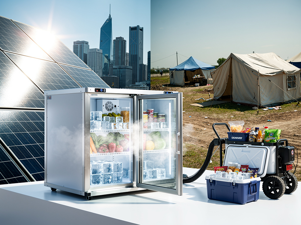 Solar-powered refrigerator and portable cooler providing food and ice for relief tents in urban disaster camp