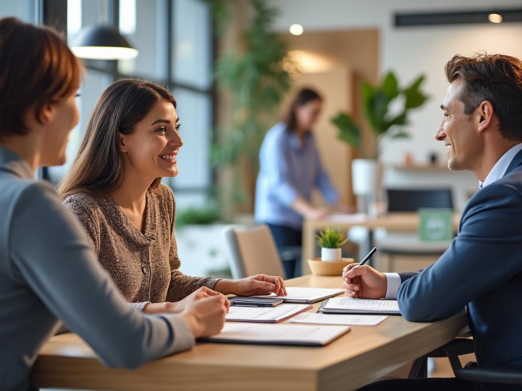 Two women and a man having a positive meeting in a modern office with plants and documents on the table.