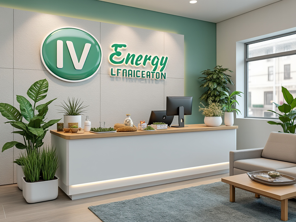 Modern reception area with green accents, featuring a logo on the wall reading 'IV Energy', a wooden desk with a computer, potted plants, and a seating area.