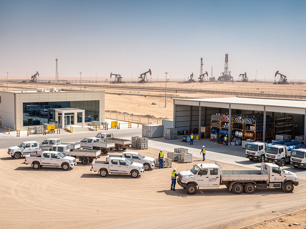 Oilfield service yard with workers, trucks, equipment storage, pumpjacks and drilling rigs in a desert industrial site Oilfield service yard with workers, trucks, equipment storage, pumpjacks and drilling rigs in a desert industrial site
