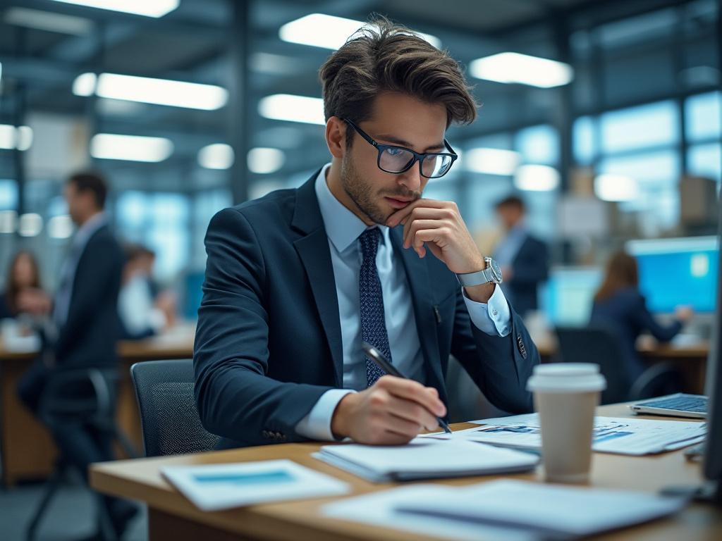 Hombre joven de traje y gafas trabajando en oficina moderna, escribiendo notas en documentos sobre escritorio.