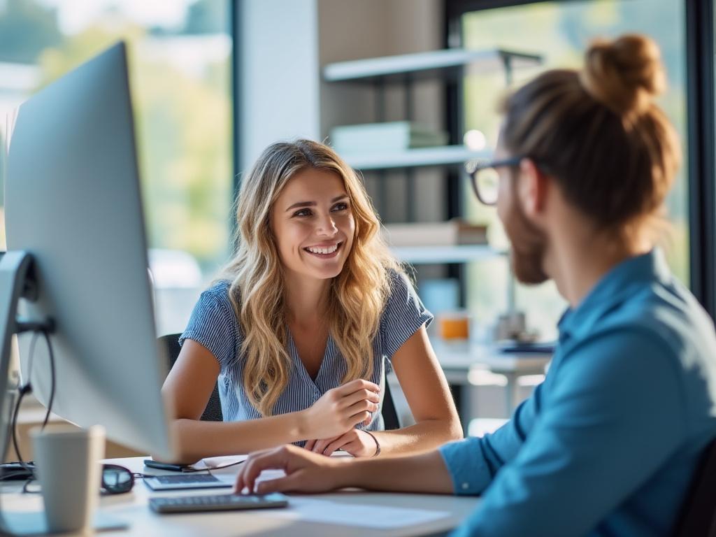 Two colleagues having a friendly conversation in a modern office, with a desktop computer in the foreground and large windows in the background.