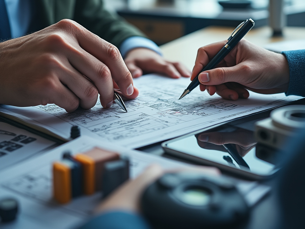 Gros plan de deux mains tenant des stylos, discutant de plans de construction sur un bureau, entouré d'un téléphone et d'outils de dessin technique. Gros plan de deux mains tenant des stylos, discutant de plans de construction sur un bureau, entouré d'un téléphone et d'outils de dessin technique.