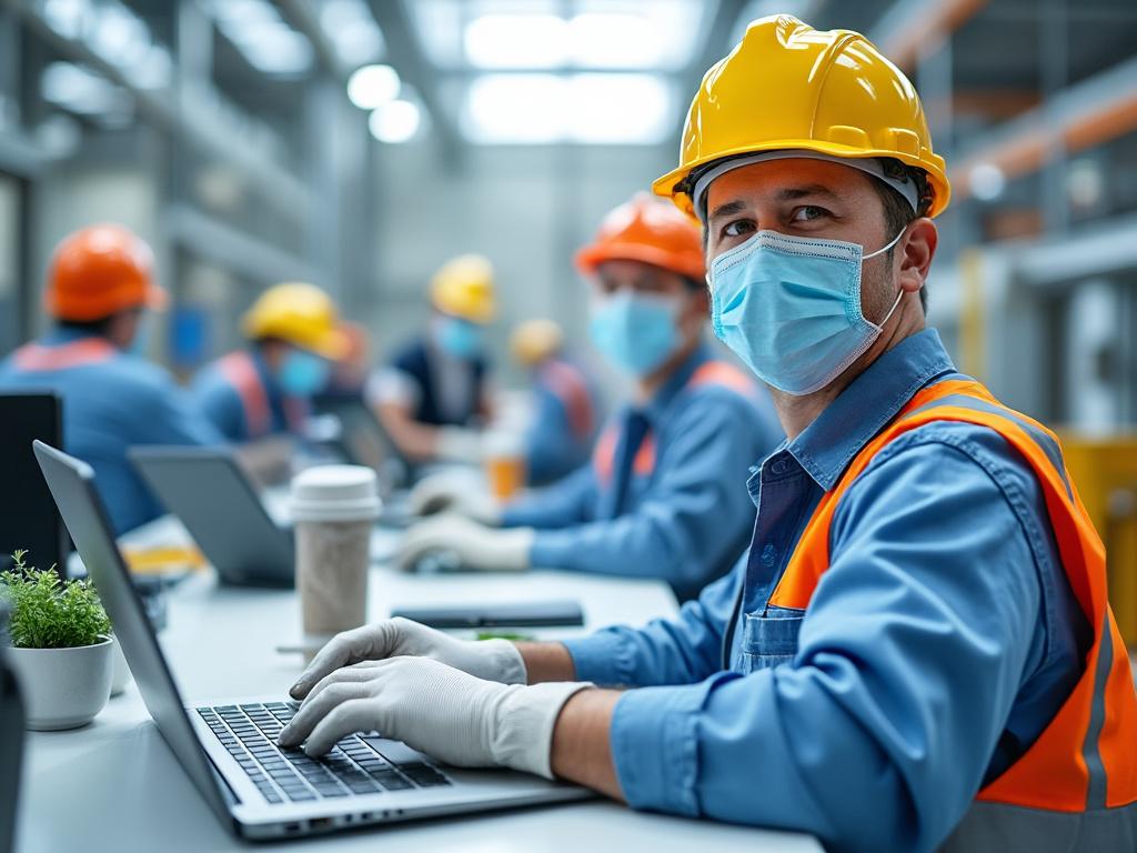 Construction workers wearing safety gear and masks working on laptops in an office setting.