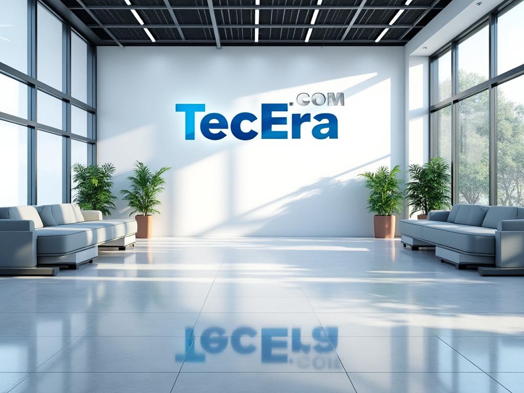 Modern office lobby with large TecEra logo on wall, glass windows, white sofas, and decorative plants. Modern office lobby with large TecEra logo on wall, glass windows, white sofas, and decorative plants.