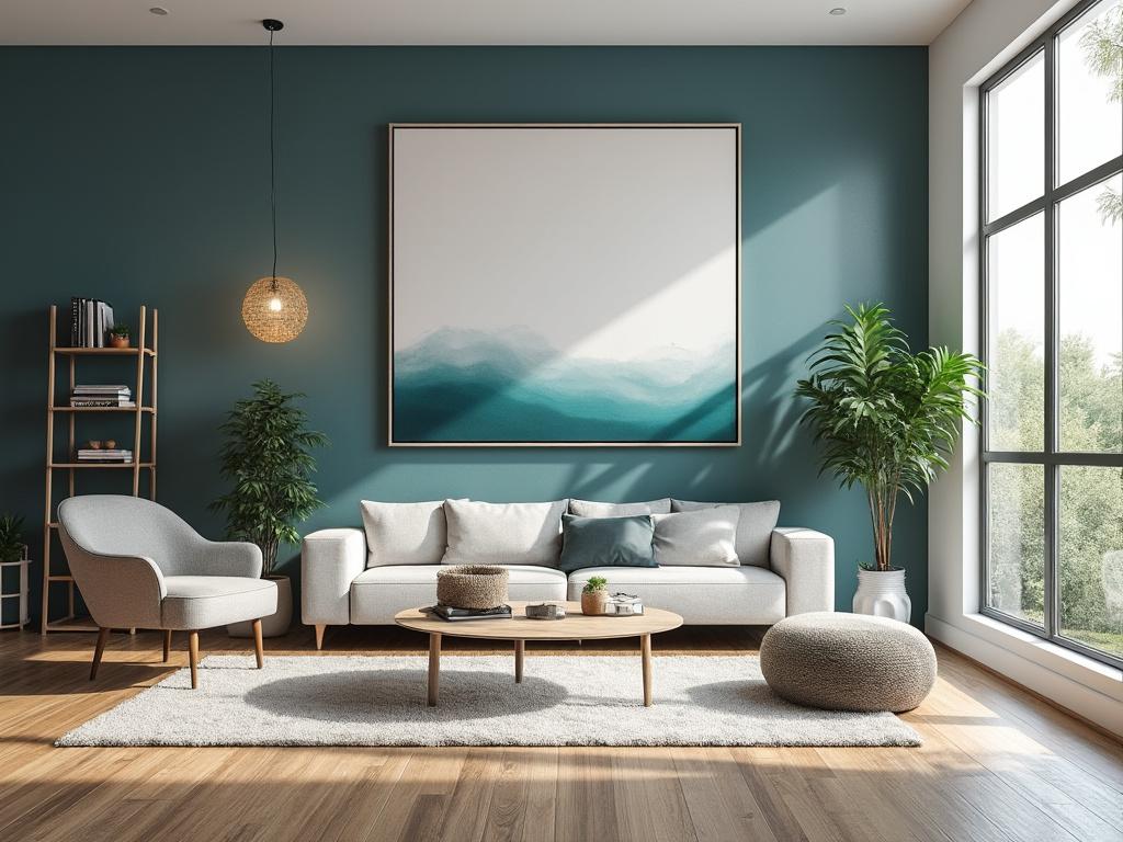 Modern living room with a large abstract painting, gray sofa, armchair, and indoor plants, featuring a large window with natural light.