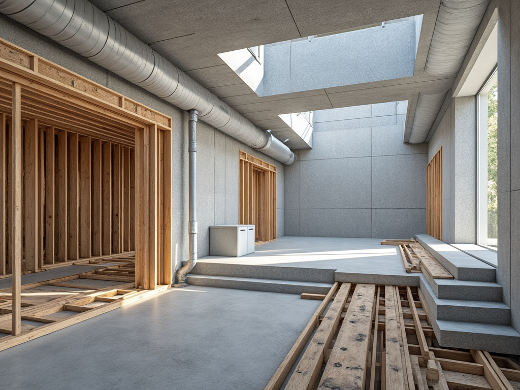 Modern industrial interior with exposed wooden framing, concrete walls, large skylight, and metal ductwork.