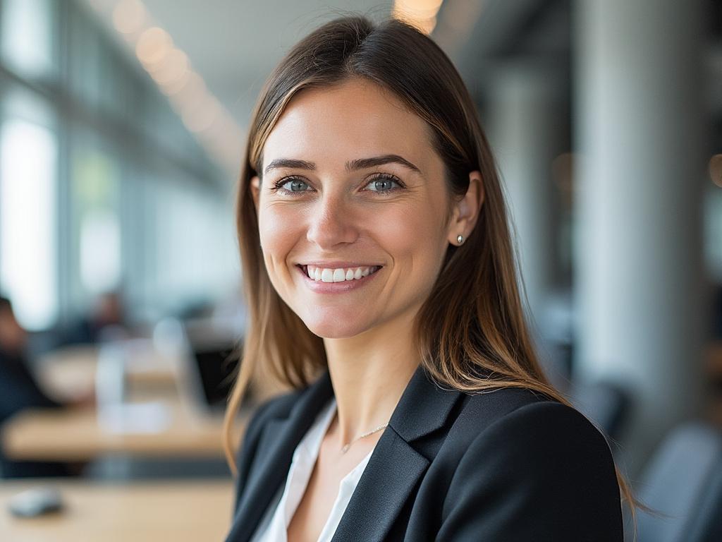 Smiling woman in a professional setting, wearing a black blazer, sitting in a modern office with large windows.