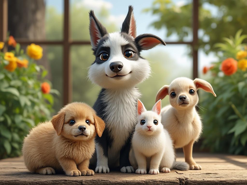 Cute animated animals including a puppy, kitten, bunny, and Chihuahua sitting together in a garden setting with flowers.