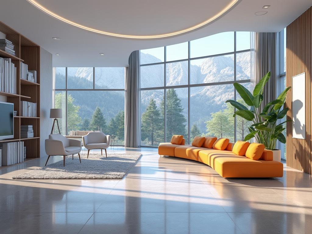 Modern living room with large windows, scenic mountain view, orange modular sofa, indoor plant, and wooden bookshelves.