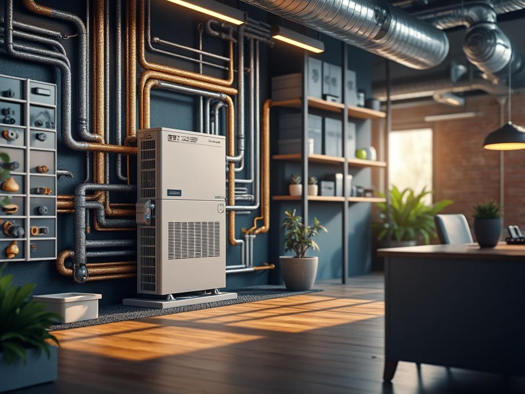 Modern office interior with industrial piping, heating unit, shelves, plants, and sunlight streaming through a window.