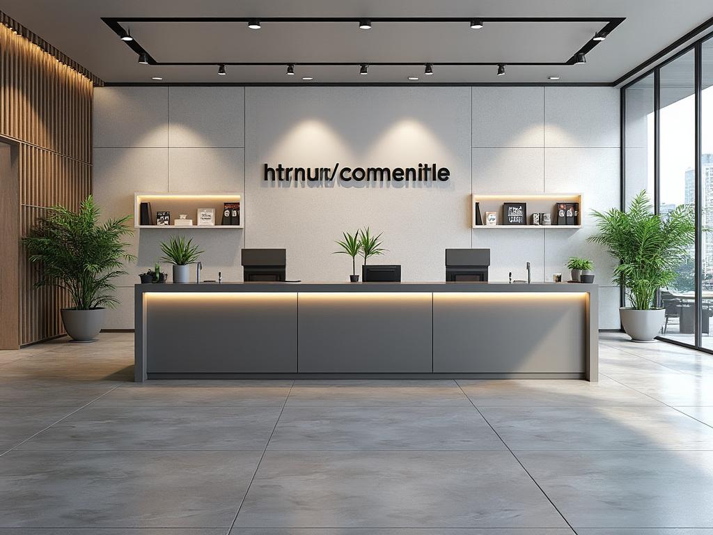 Modern office reception area with a sleek desk, indoor plants, and shelving displaying books and decor against a backdrop of large windows.