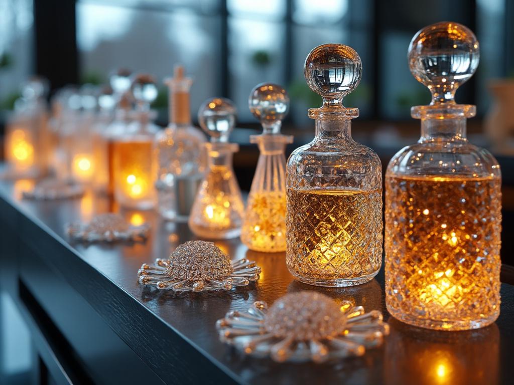 Elegant glass decanters with intricate patterns glowing warmly on a dark surface, illuminated by candlelight.