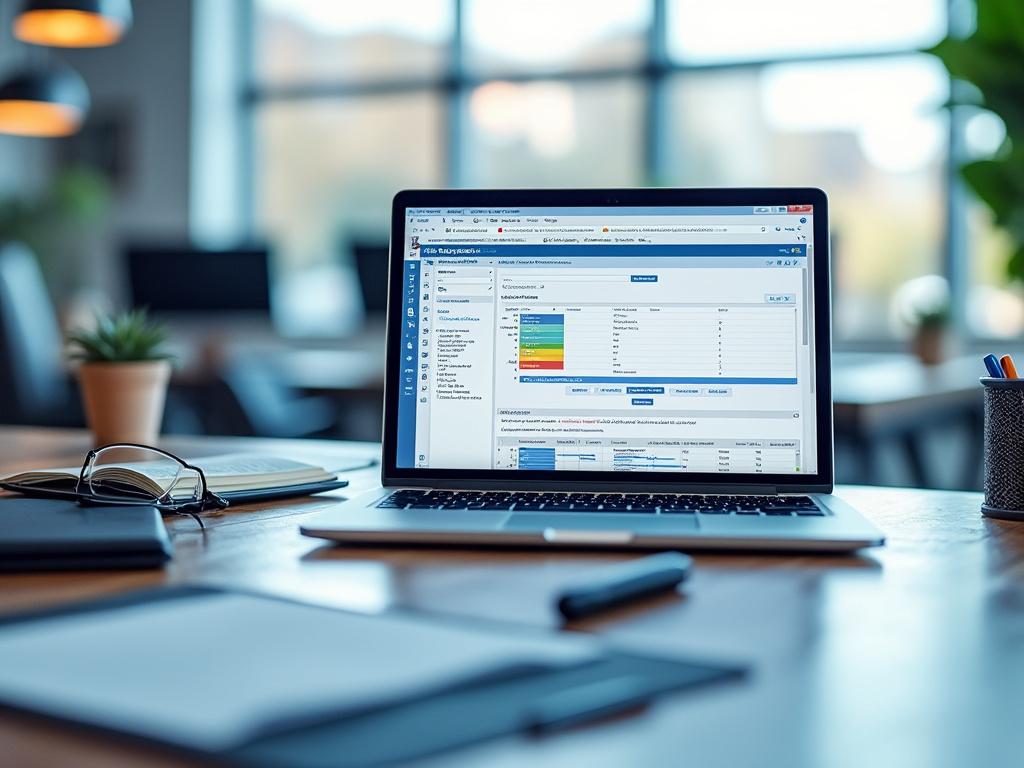 Open laptop displaying data management software on a desk with glasses and notebooks in a modern office environment.