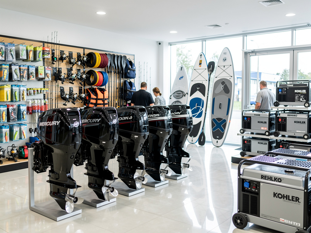 Marine equipment showroom with Mercury outboard motors, paddleboards, fishing gear, and Kohler generators