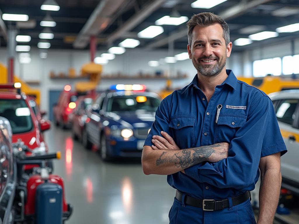 Smiling mechanic with crossed arms in blue uniform inside a busy auto repair shop with various cars in the background.