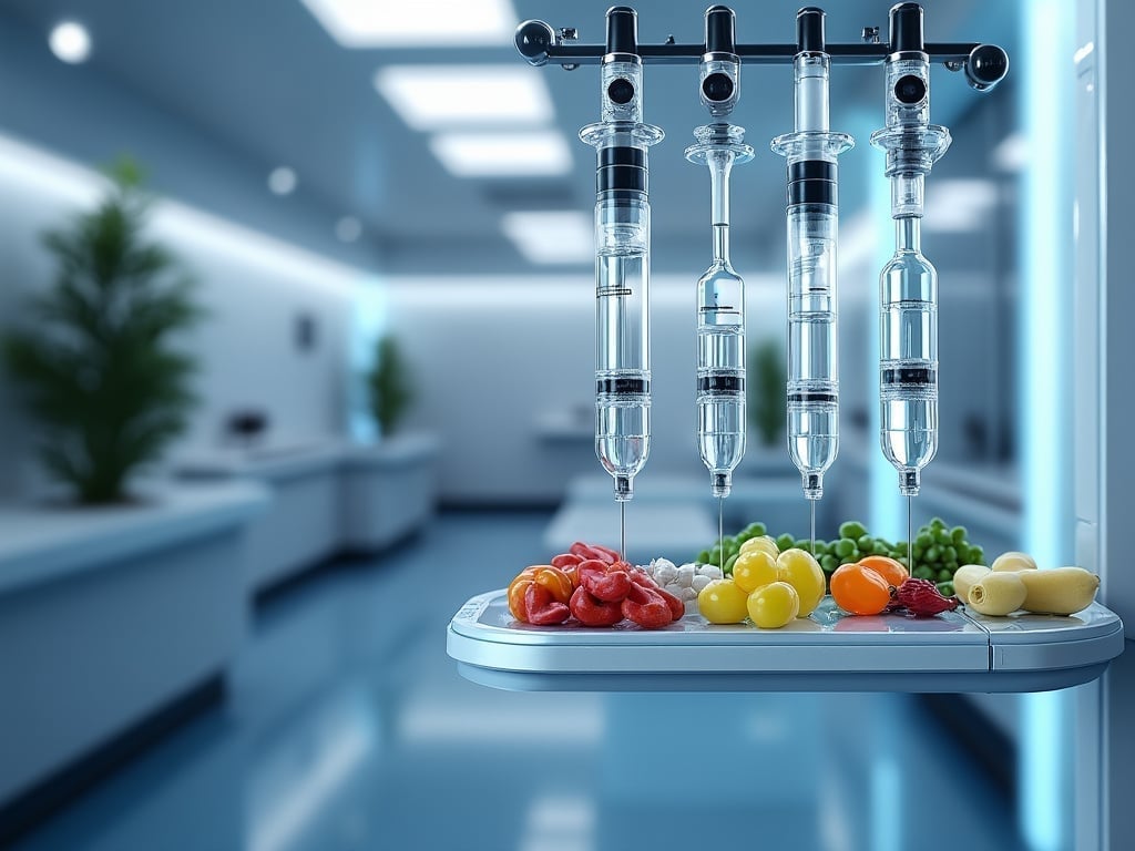 Modern kitchen with futuristic liquid containers and fresh vegetables on a countertop.