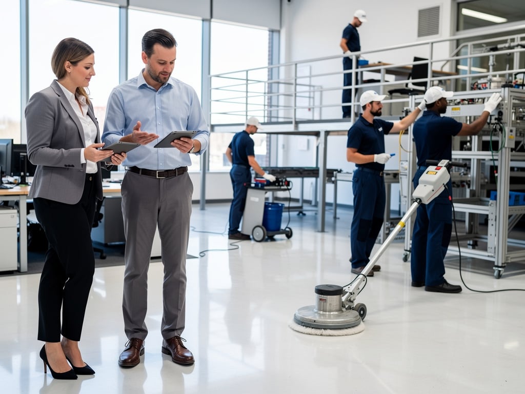 Business managers using tablets while technicians service industrial equipment in a modern manufacturing facility