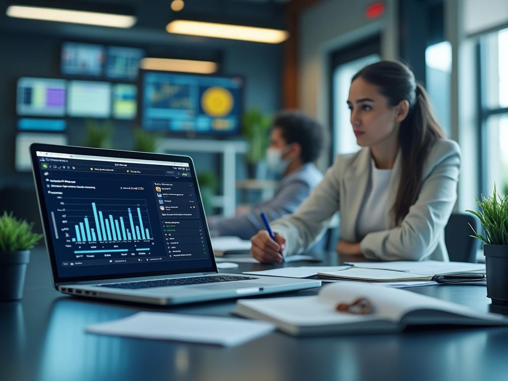 Woman in business attire taking notes during a meeting, with a laptop displaying data analytics on the screen and digital screens visible in the background.