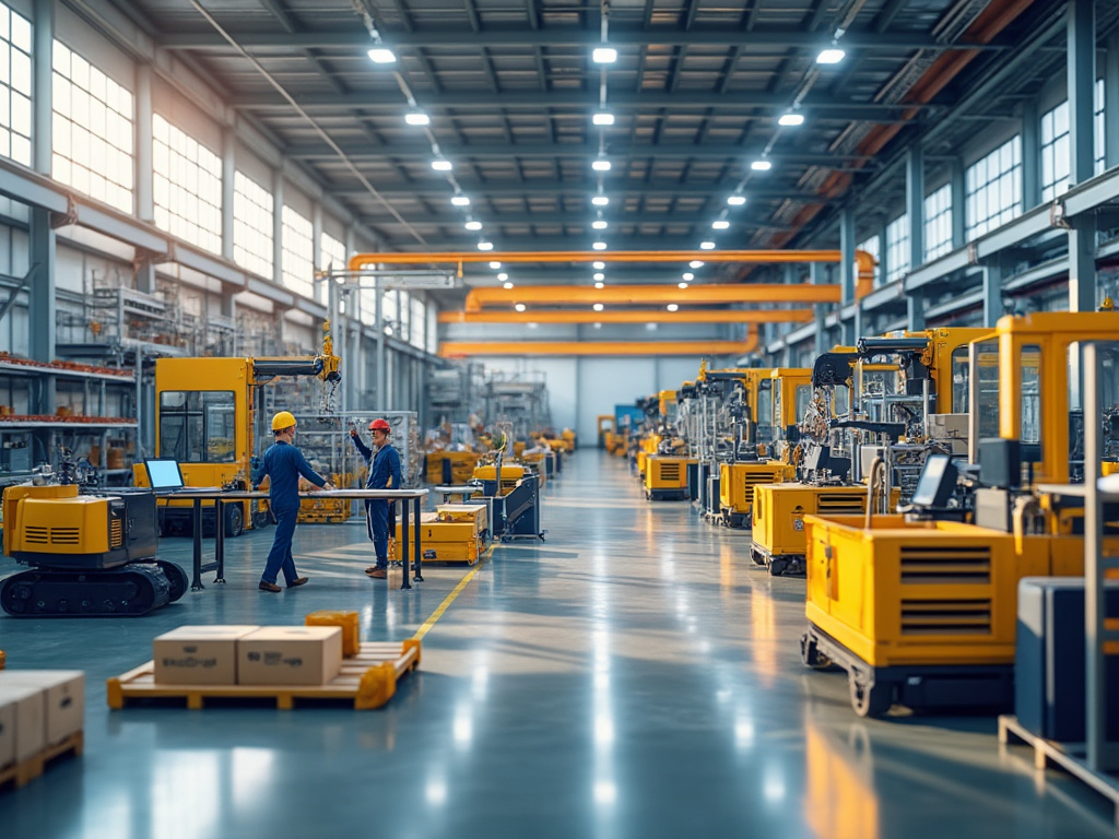 Interior de una fábrica moderna con maquinaria amarilla y trabajadores usando cascos de seguridad, conversando en un amplio espacio industrial.