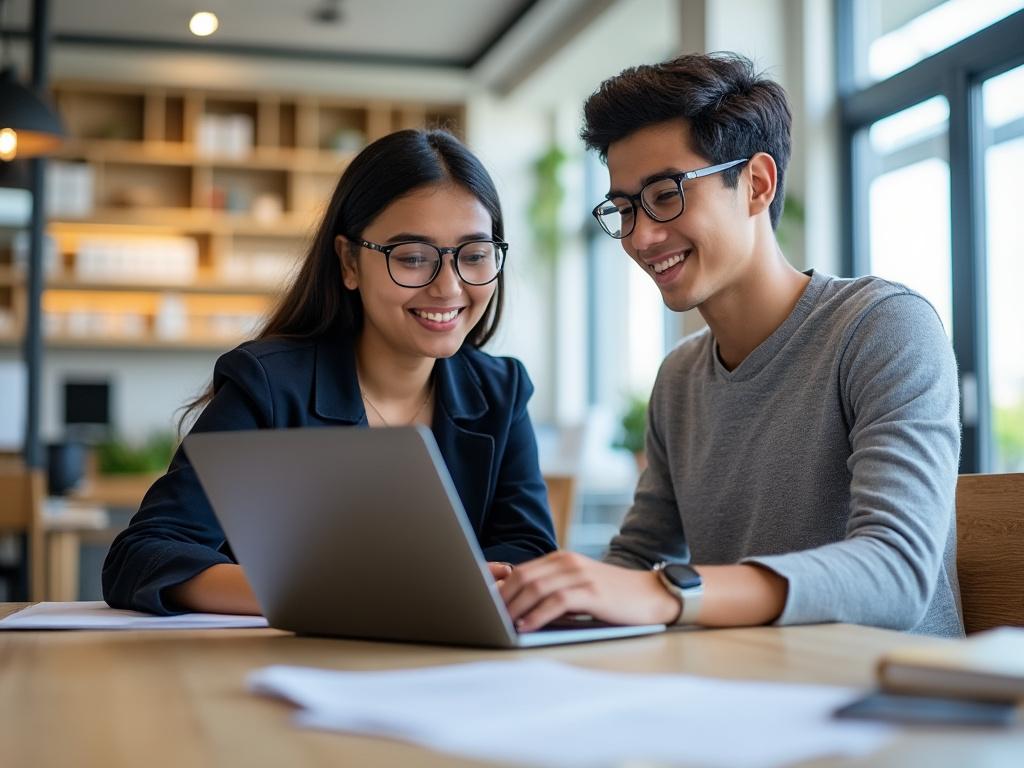 Two smiling people working together on a laptop in a modern office setting.
