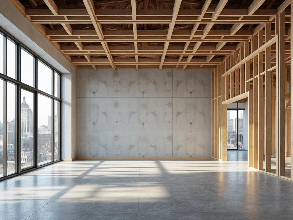 Modern unfinished loft interior with exposed wooden framing, concrete floors, large windows, and city skyline view