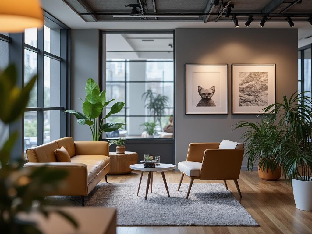 Modern living room with tan sofas, green plants, and framed artwork on walls, illuminated by natural light from large windows.