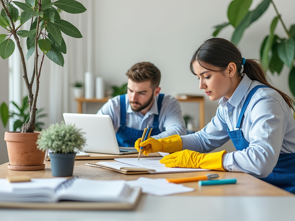 Two people in work uniforms and yellow gloves, focusing on paperwork at a desk with a laptop and indoor plants.
