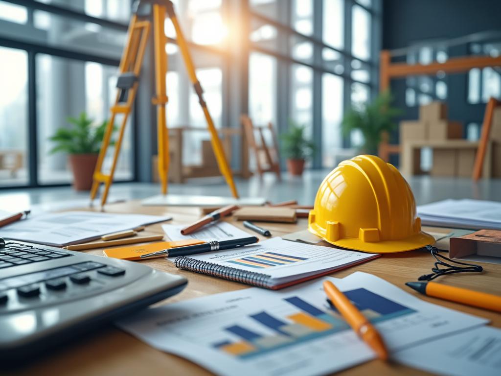 Construction office with yellow hard hat, paperwork with graphs, and architectural tools on a wooden table.