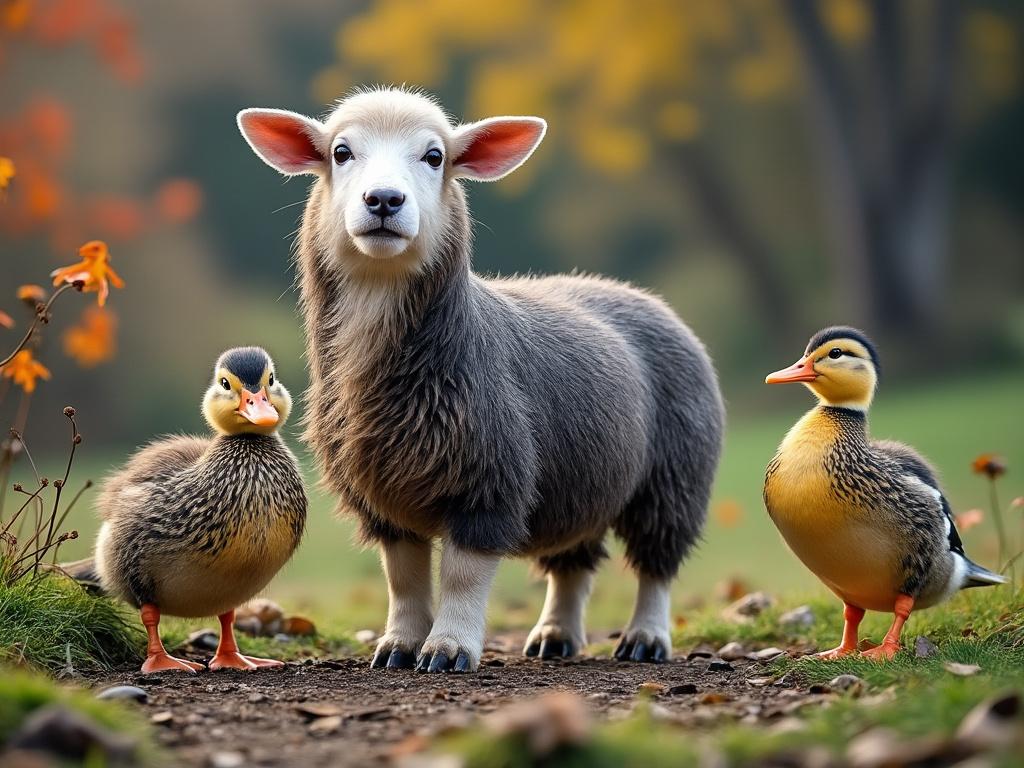 A fluffy sheep standing between two ducks on a grassy path with autumn leaves.