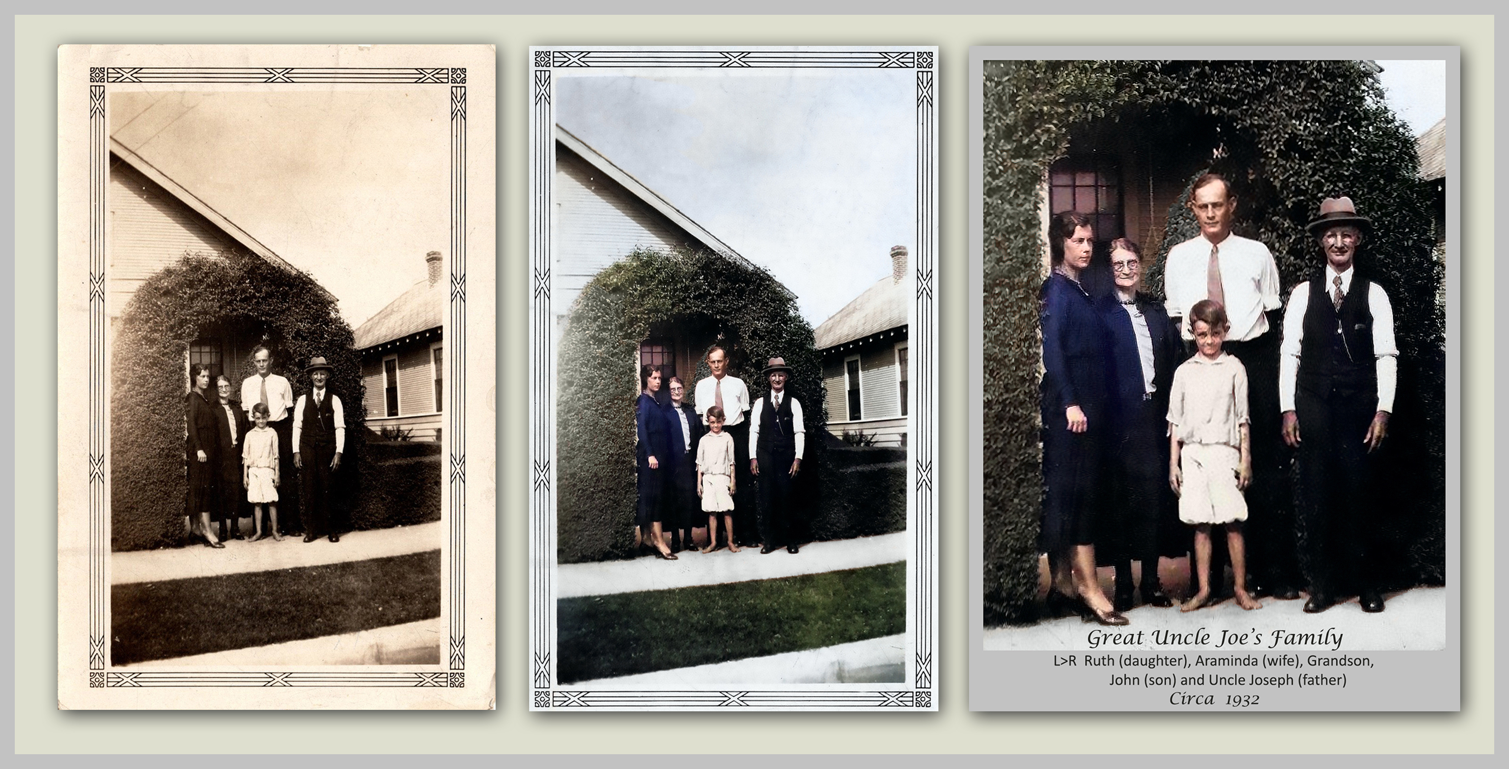 Left >> Original Photograph of my Great Uncle Joe's family..
Center >> Image Restored and Colorized, but wouldn't it be nice to zoom in for a closer view of the family.
Right >> Close Up of Uncle Joe's family with Identifying Text.