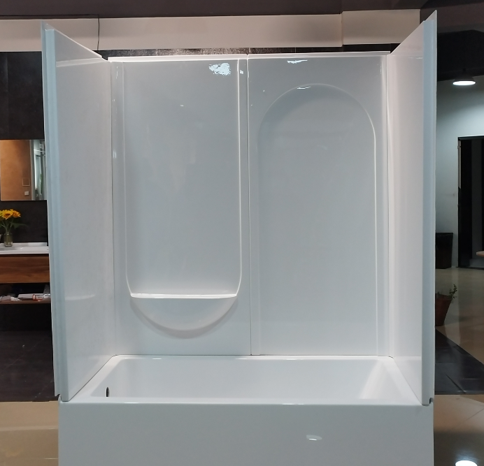 Modern bathroom with freestanding bathtub, glass shower, minimalistic decor, and large window view.