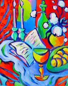 Shabbat Still Life Jewish abstract contemporary painting by artist Martina Shapiro