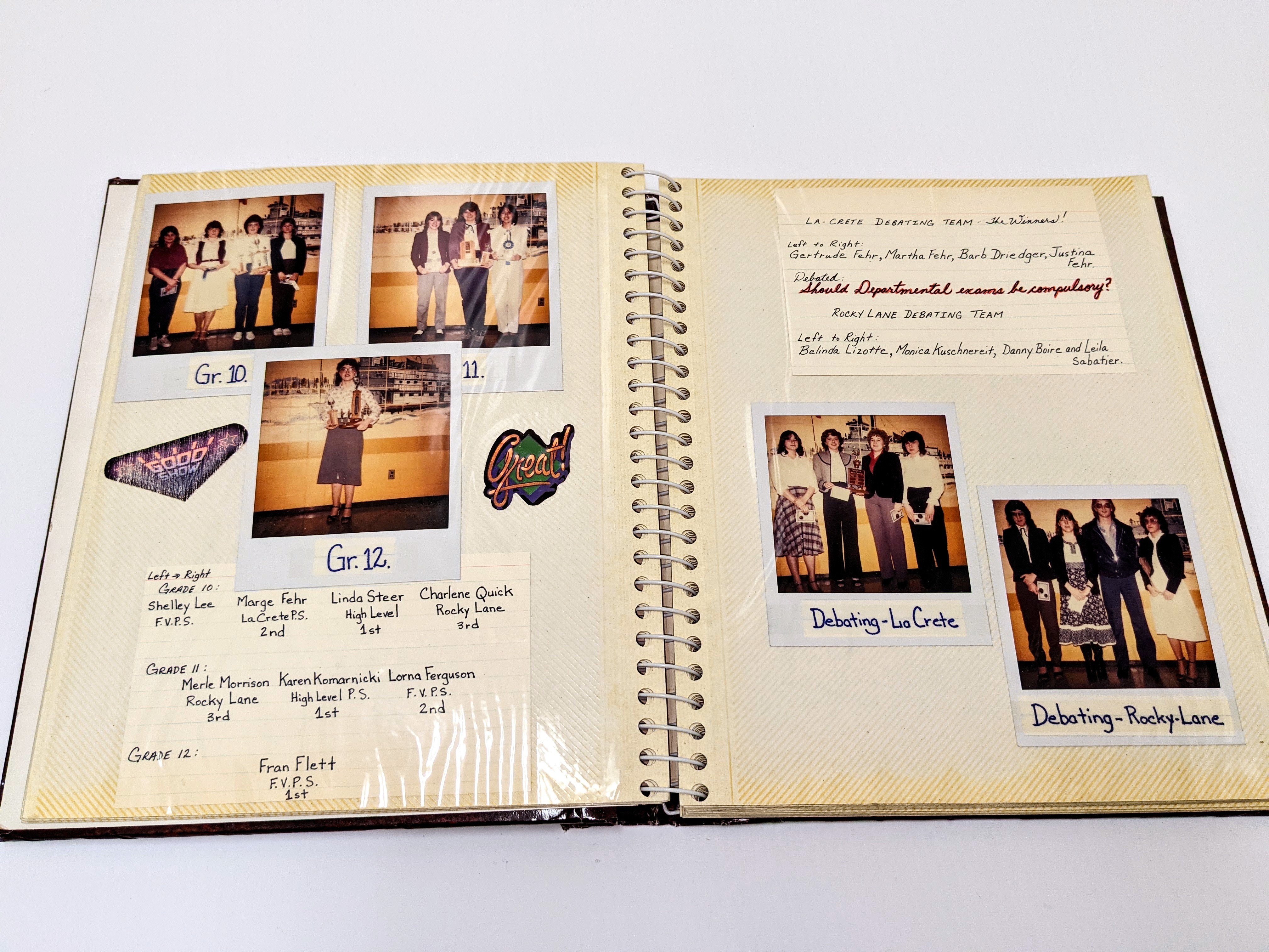 Not necessarily an old artifact - but interesting nonetheless. This scrapbook is labelled as "Public Speaking" and documents the competitors, winners, and categories of the competition. This was an annual competition and this scrapbook documents the years 1983 + 1984. Just like sports competitors came from across the region (High Level, Rocky Lane, La Crete, Buffalo Head Prairie) to duel and challenge each other in debating and prove their oratory skills!

20/09/2021
2011.20.118 / Fort Vermilion Public School