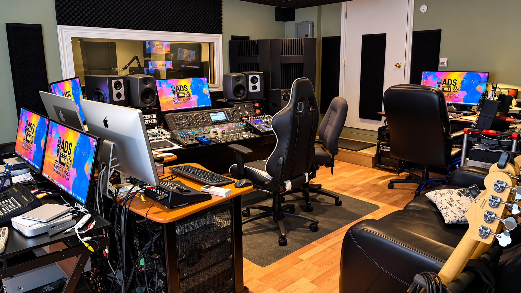 Professional audio recording studio with mixing console, microphones, guitars, monitors, and reel-to-reel equipment
