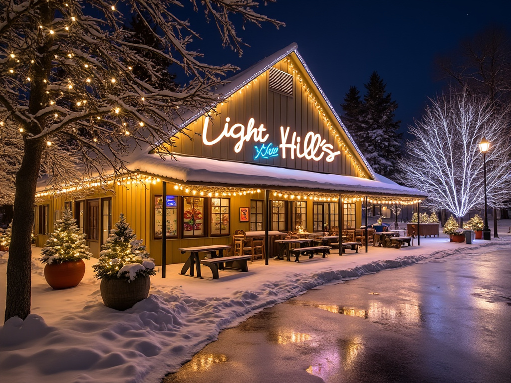 Winter night scene of a snow-covered building with festive string lights and illuminated trees at Light Blue Hill's.

