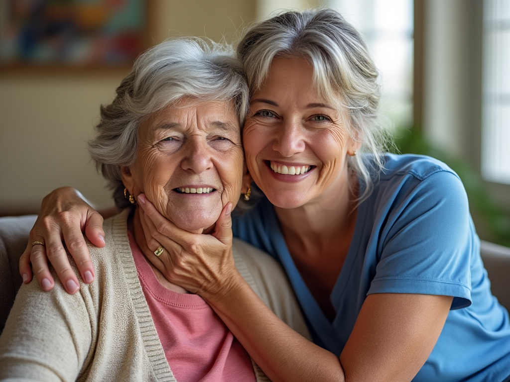 Smiling elderly woman and middle-aged woman embracing in a cozy living room.
