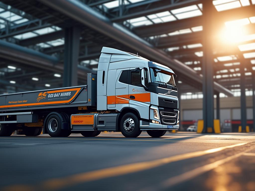 Modern semi-truck with trailer in a sunlit industrial warehouse.