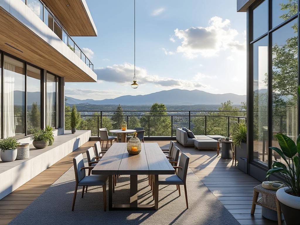 Modern outdoor balcony with dining table, lounge area, potted plants, and panoramic mountain view.