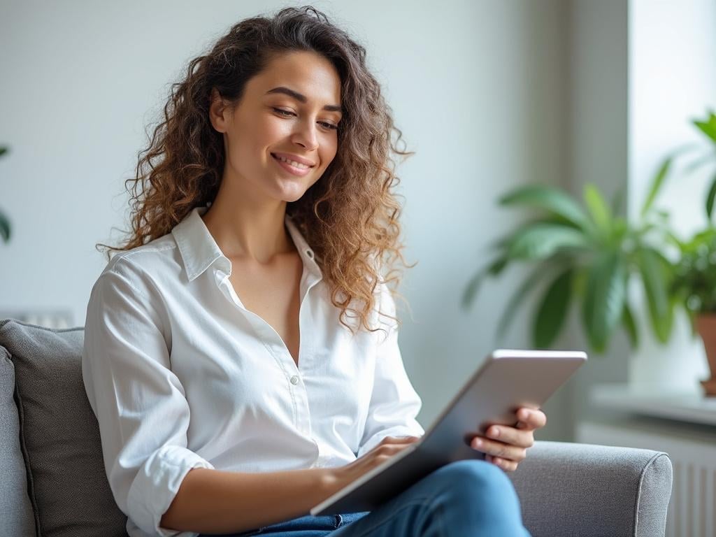 Smiling woman in white shirt using a tablet while sitting on a sofa in a bright modern living room