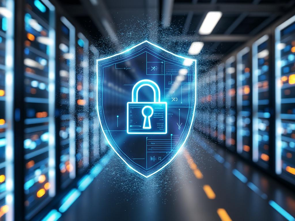 Digital padlock symbolizing cybersecurity in a data center with glowing servers and a shield overlay.