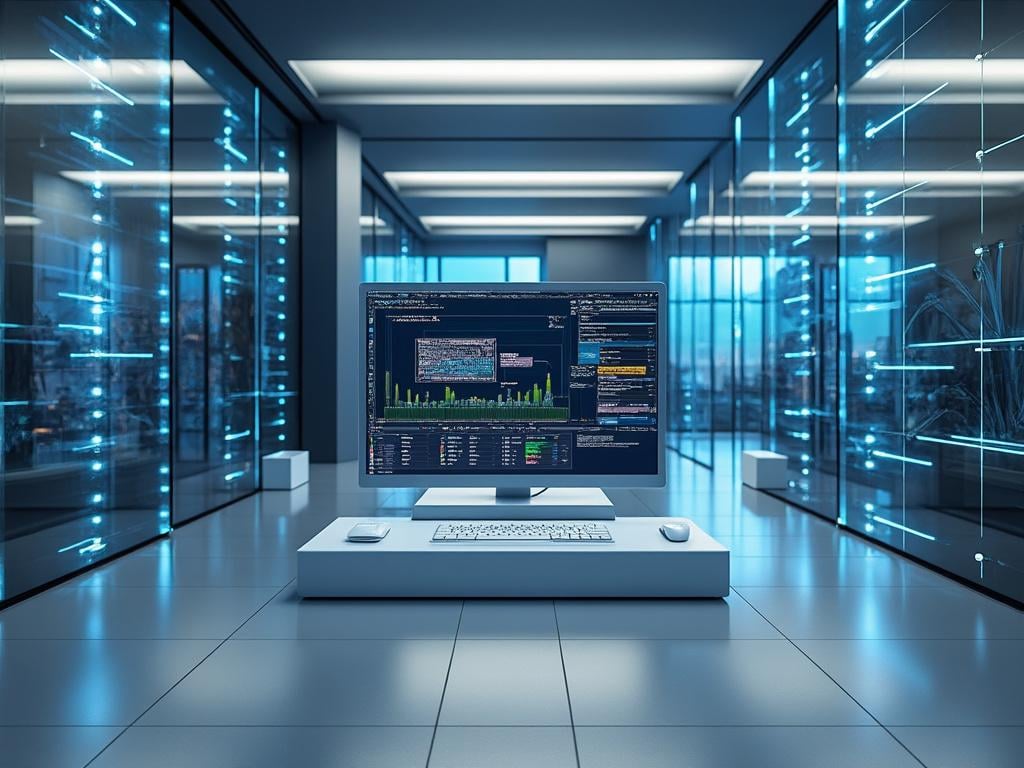 Modern data center with illuminated blue server racks and a desktop computer displaying data analytics and code on the screen.