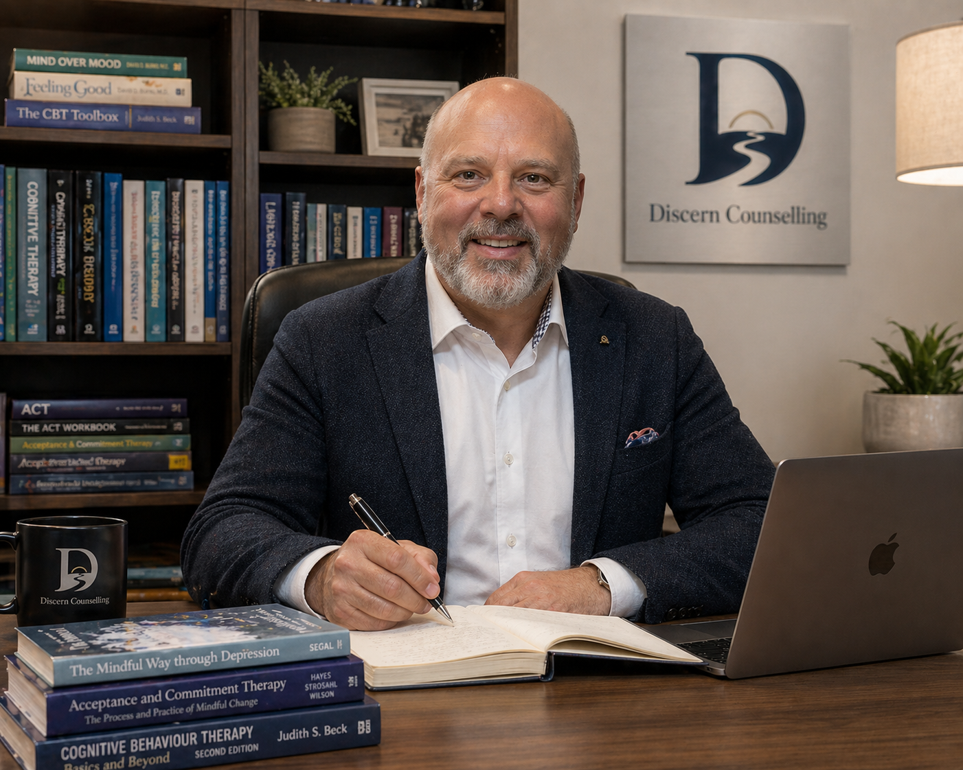 Portrait of a smiling woman with long brown hair wearing a beige blazer in a modern office setting with blurred background.