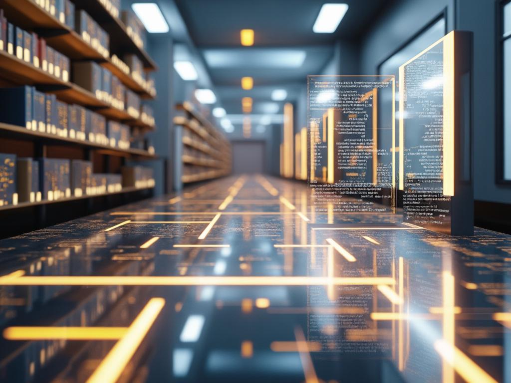 Biblioteca futurista con estantes iluminados y paneles digitales flotantes en un pasillo moderno.