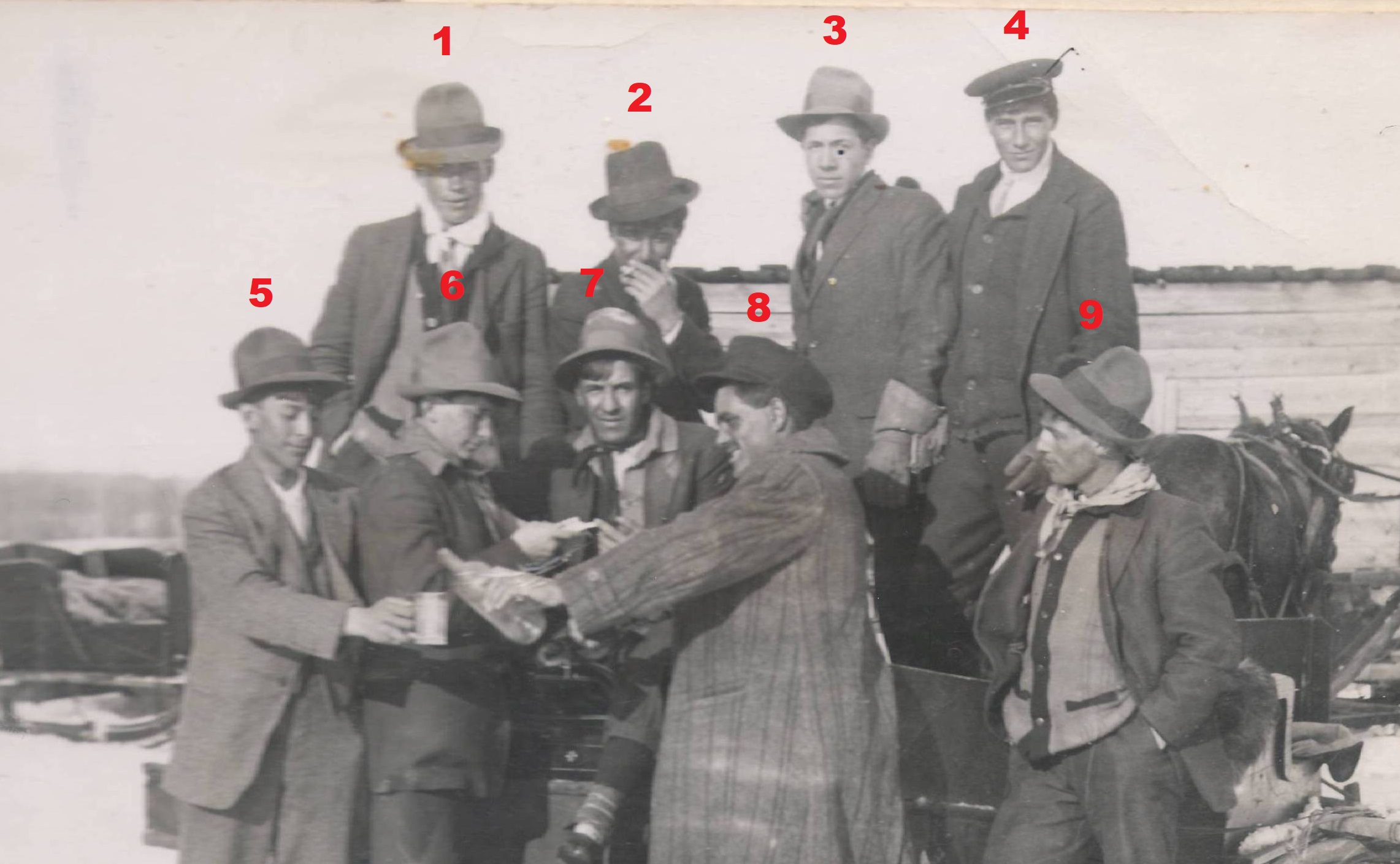 We know #5 is Napolean LaFleur and 6 is Jimmy Richards - but the others are unknown and we were hoping you could help us identify them!
2019.24.401 / Lizotte, Maria
--EDIT--
No. 8 is Narcisse Bellerose and No.1 is Carl Sanderson