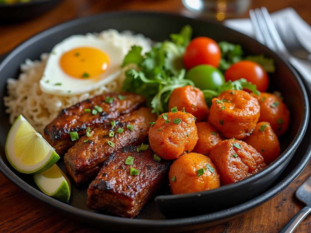 A colorful dish featuring fried egg, grilled meat, roasted carrots, cherry tomatoes, fresh greens, rice noodles, and lime wedges in a black bowl.