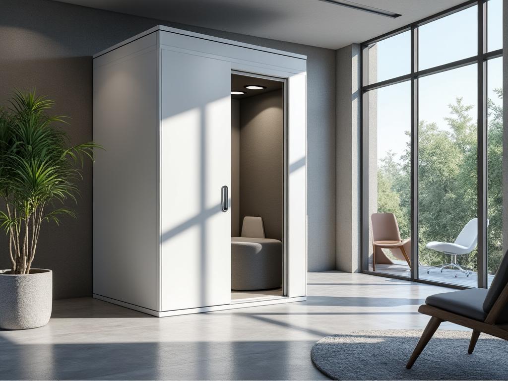 Cabina aislada blanca en oficina moderna con ventanales, planta decorativa y sillas.