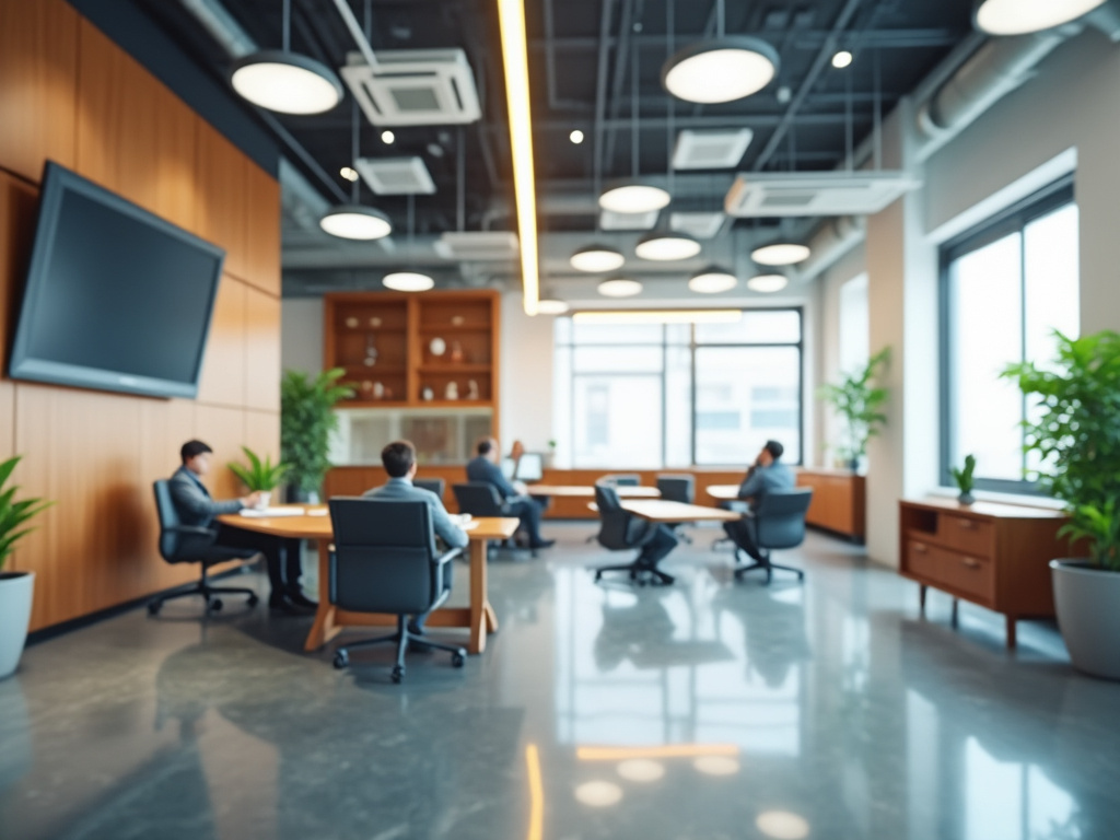 Modern open office meeting room with business professionals, large windows, plants, and contemporary lighting Modern open office meeting room with business professionals, large windows, plants, and contemporary lighting