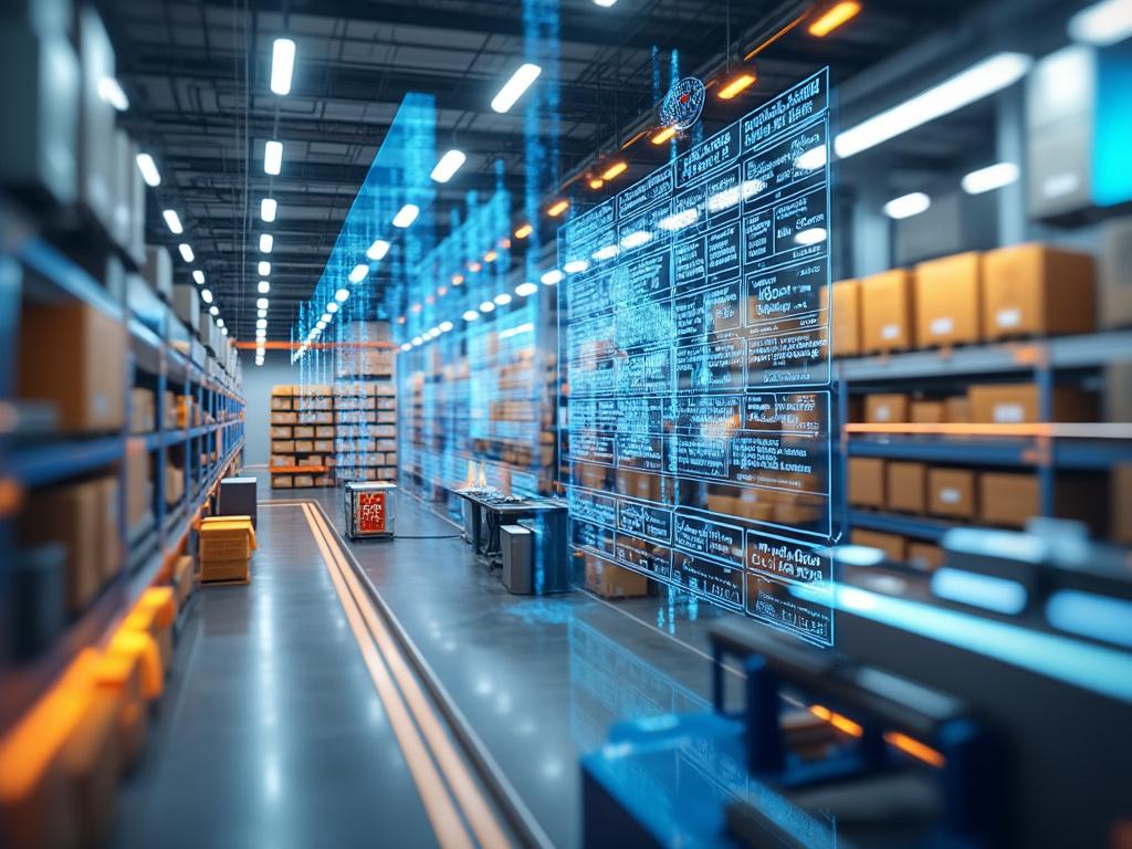 Futuristic warehouse interior with shelves of boxes and digital interface overlay.