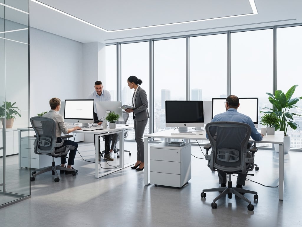 Modern office workspace with employees at computers, ergonomic chairs, large windows, and indoor plants